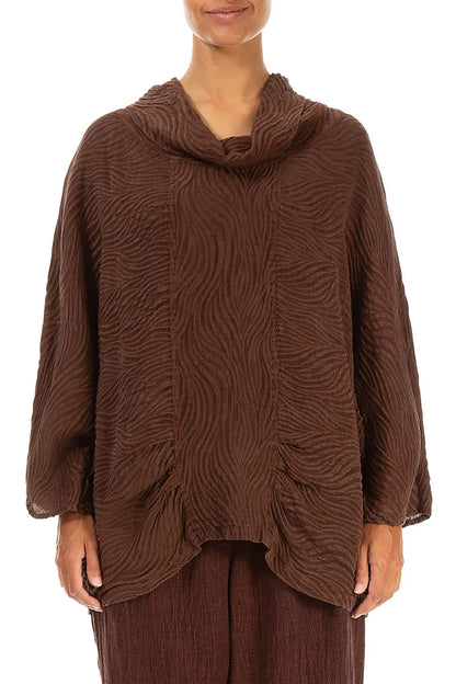 Cowl Neck Crinkled Cinnamon Waves Silk Linen Blouse 1