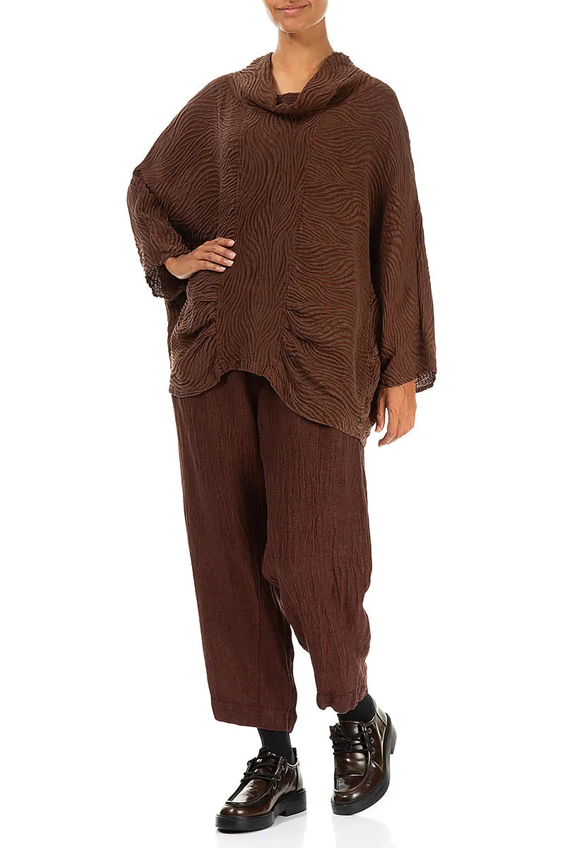 Cowl Neck Crinkled Cinnamon Waves Silk Linen Blouse 4