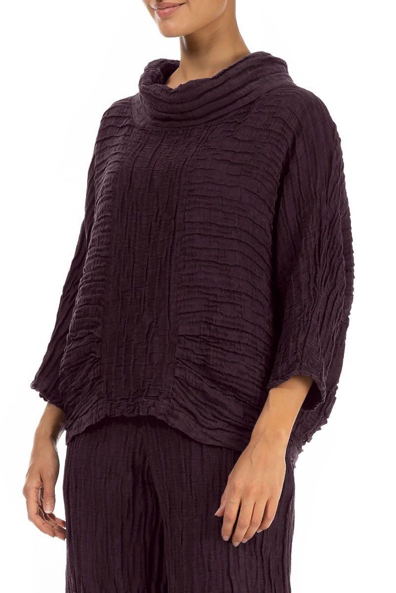 Cowl Neck Crinkled Deep Plum Silk Linen Blouse