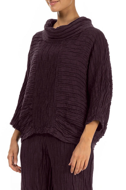 Cowl Neck Crinkled Deep Plum Silk Linen Blouse