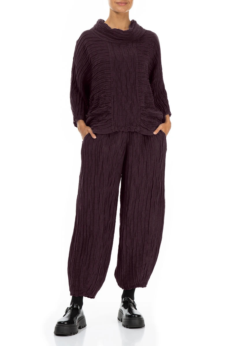 Cowl Neck Crinkled Deep Plum Silk Linen Blouse