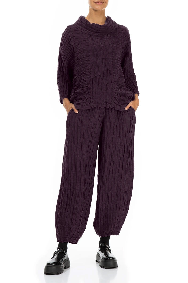 Cowl Neck Crinkled Deep Plum Silk Linen Blouse 4