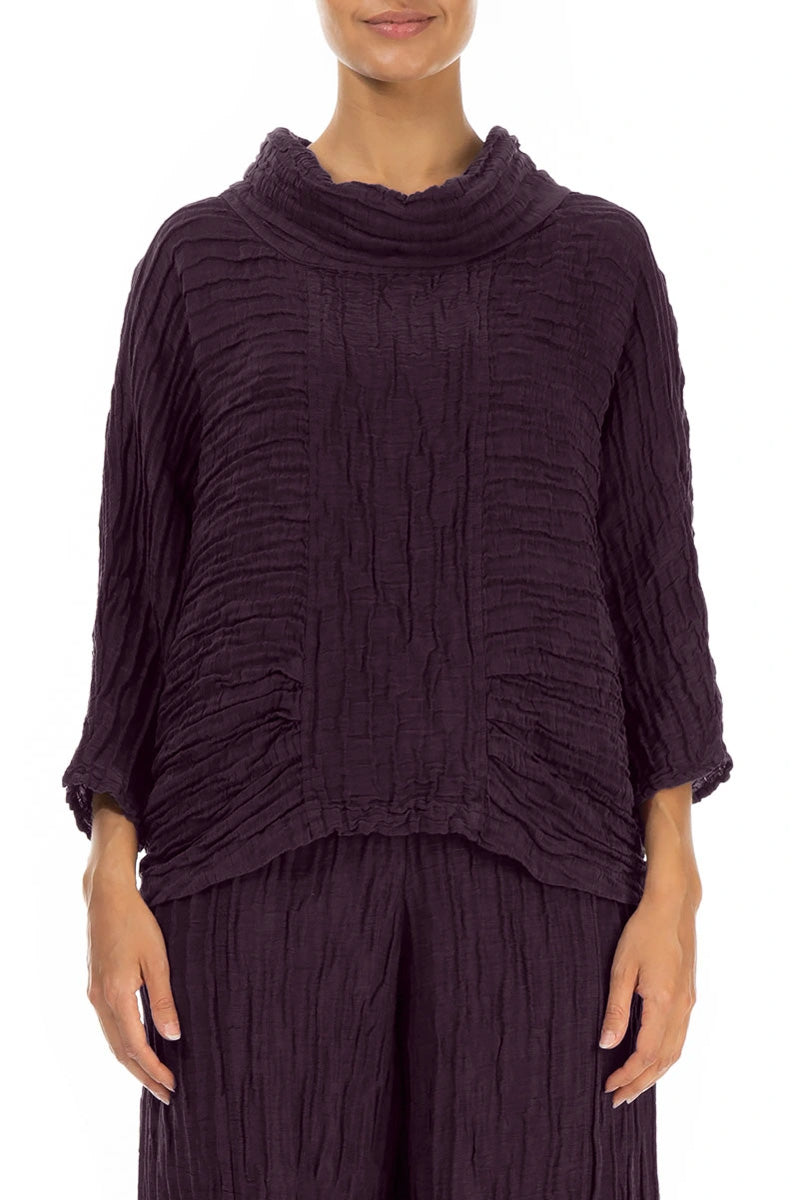 Blouse en soie et Lin Froissé à col bénitier, prune profond