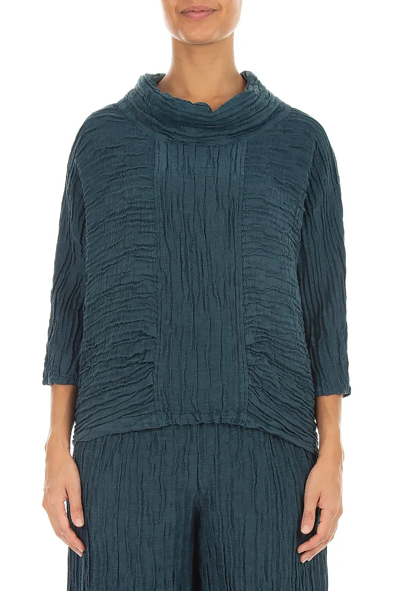 Cowl Neck Crinkled Deep Turquoise Silk Linen Blouse 1