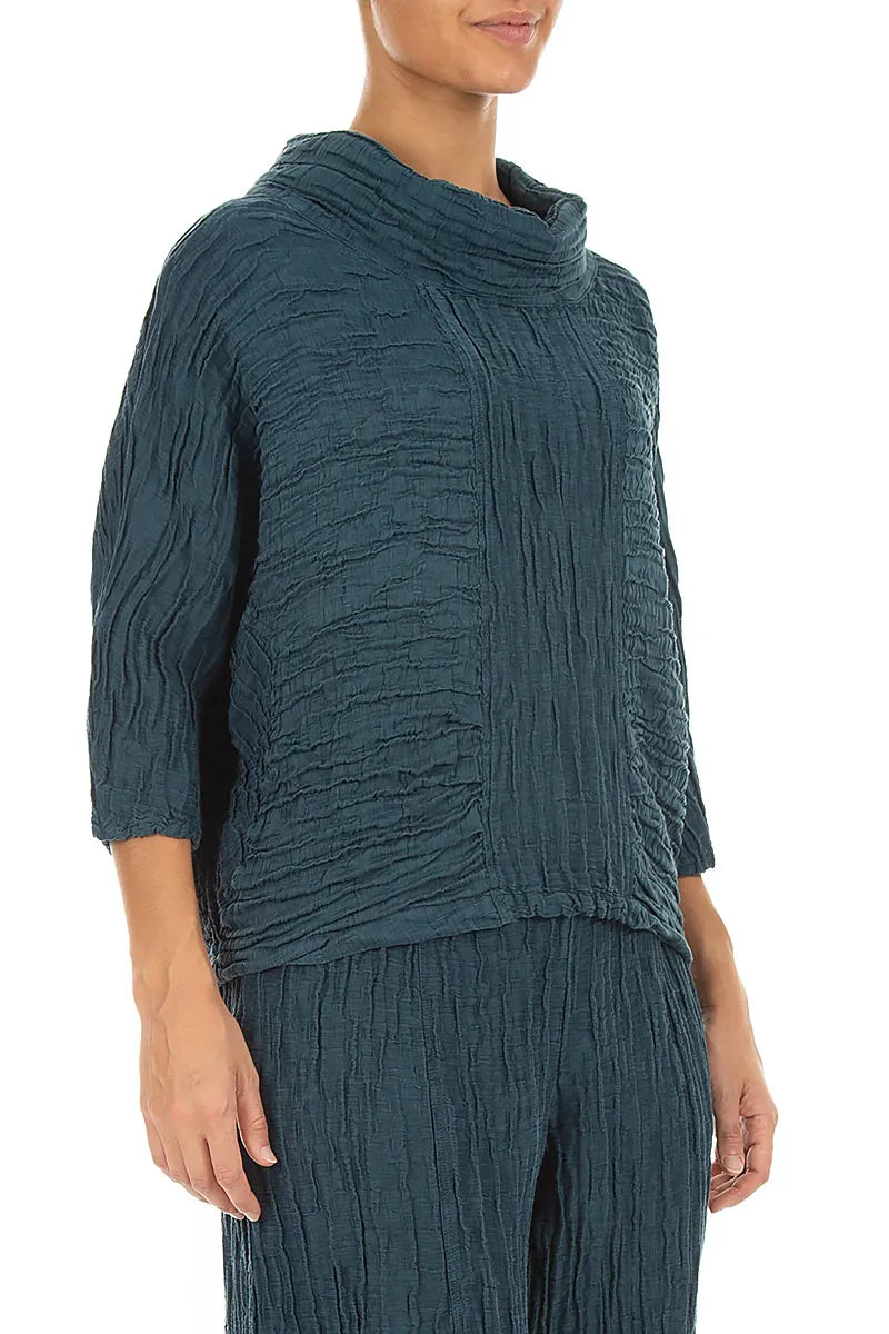 Cowl Neck Crinkled Deep Turquoise Silk Linen Blouse