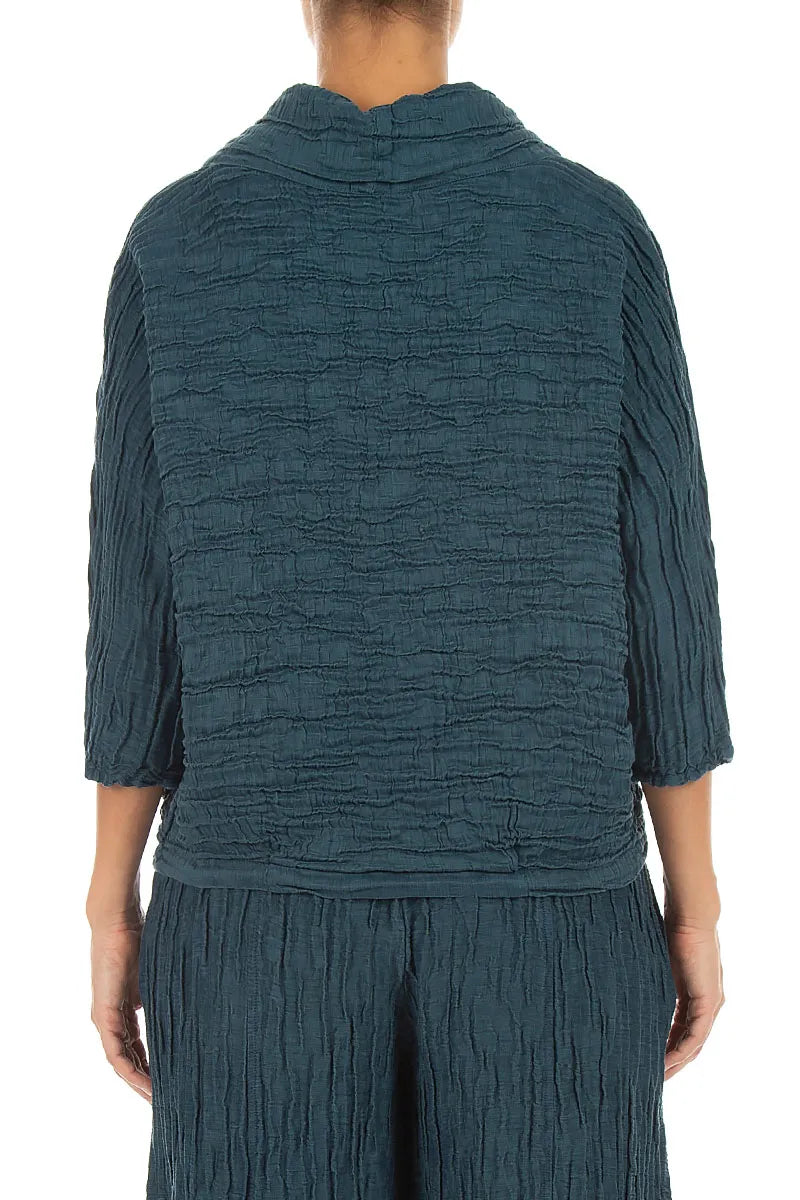 Cowl Neck Crinkled Deep Turquoise Silk Linen Blouse 2
