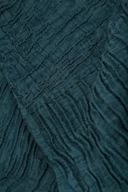 Cowl Neck Crinkled Deep Turquoise Silk Linen Blouse