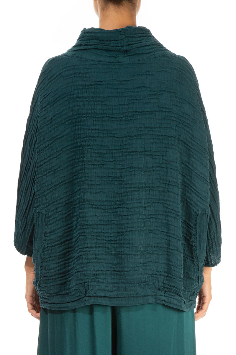 Cowl Neck Crinkled Emerald Silk Blouse