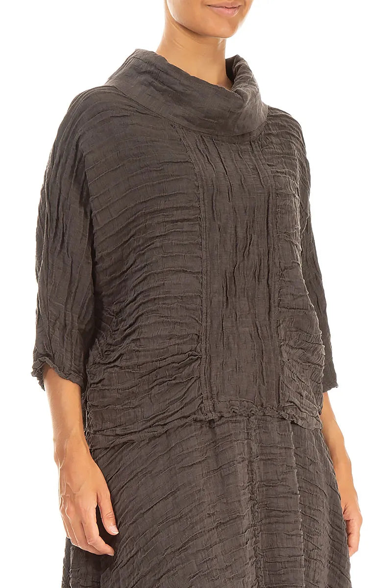 Cowl Neck Crinkled Forest Brown Silk Blouse 3