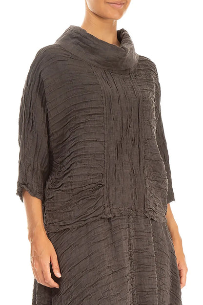Cowl Neck Crinkled Forest Brown Silk Blouse 3