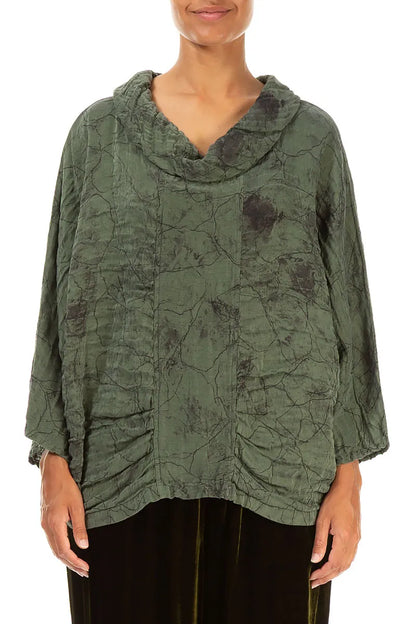 Cowl Neck Crinkled Forest Mist Marble Silk Blouse 1