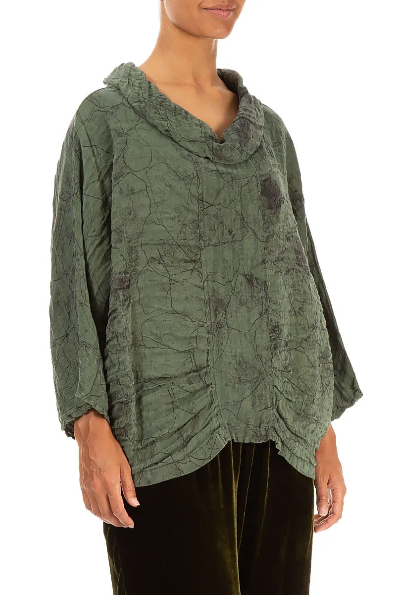 Cowl Neck Crinkled Forest Mist Marble Silk Blouse 3