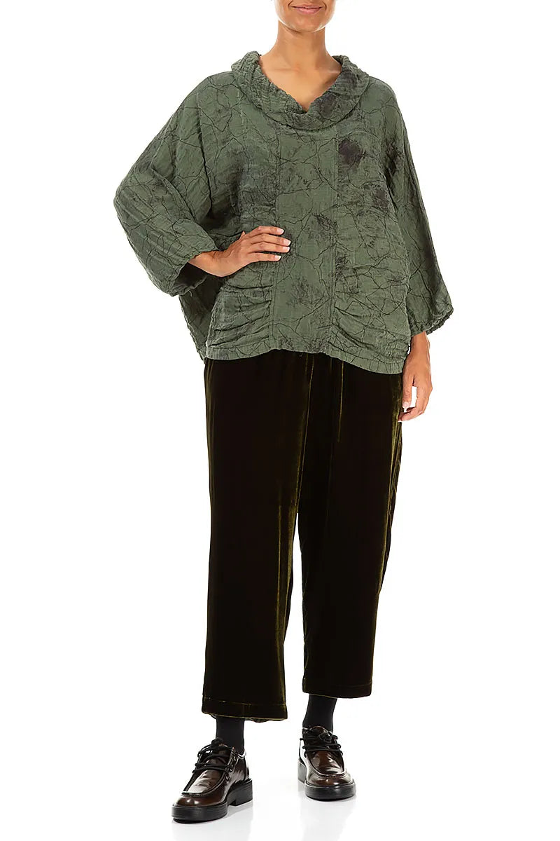 Cowl Neck Crinkled Forest Mist Marble Silk Blouse 4