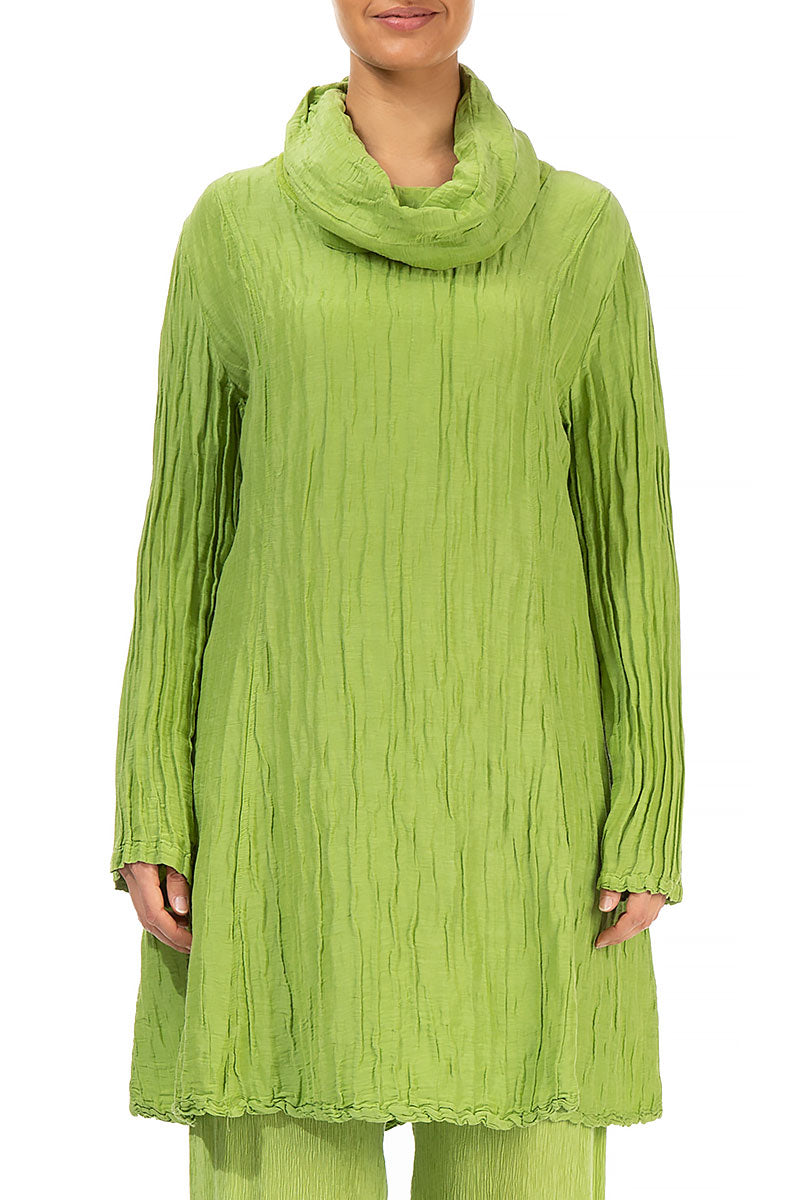 Cowl Neck Crinkled Green Silk Linen Tunic