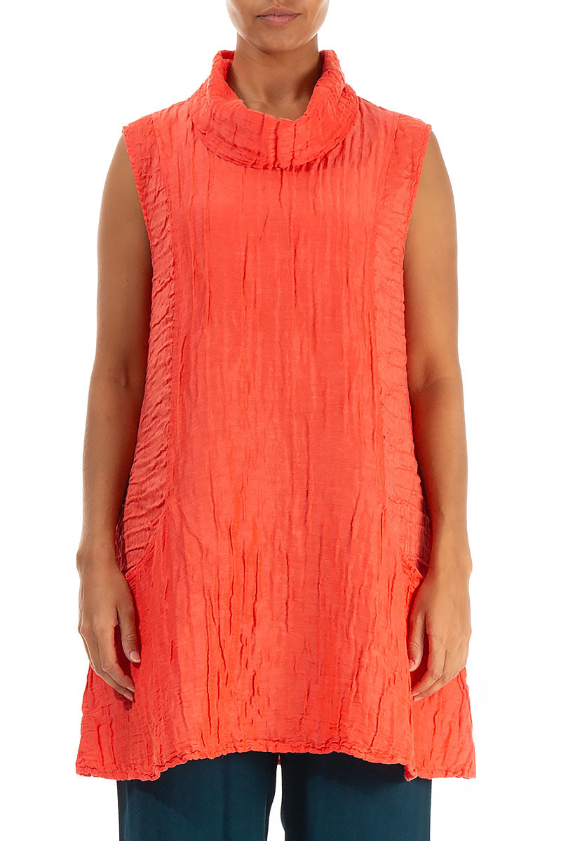 Cowl Neck Crinkled Living Coral Silk Tunic