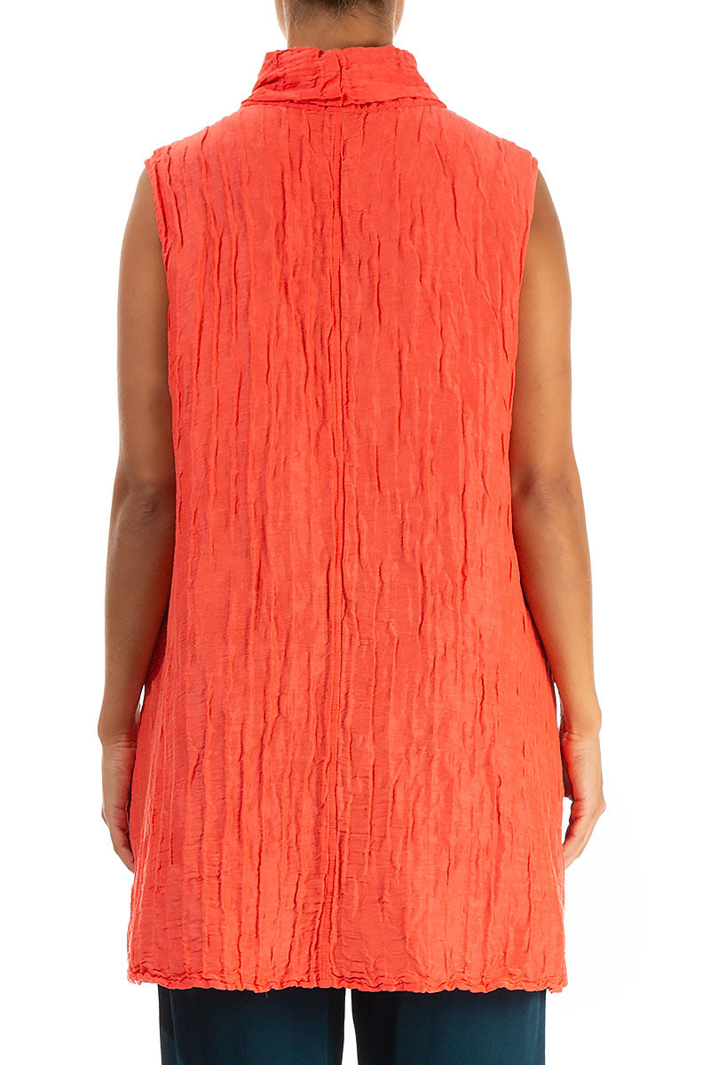 Cowl Neck Crinkled Living Coral Silk Tunic
