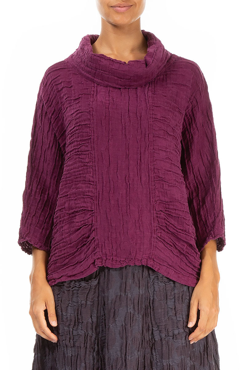 Cowl Neck Crinkled Magenta Silk Blouse