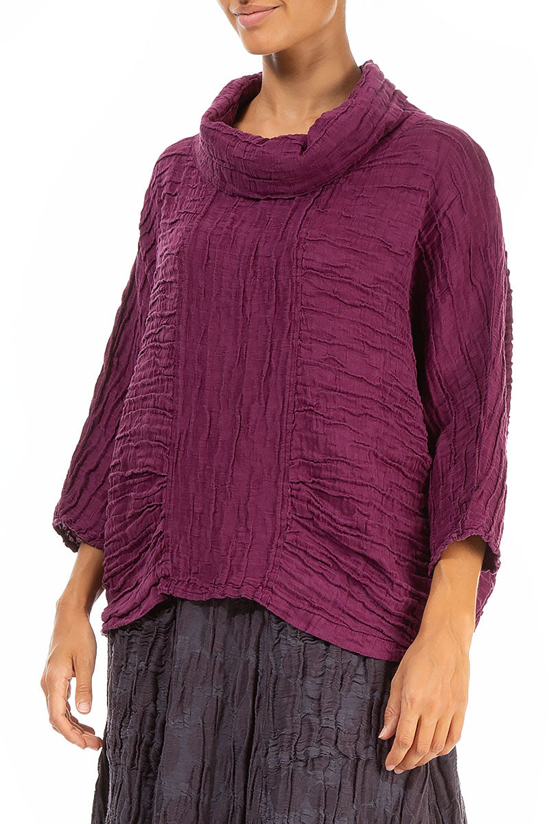 Cowl Neck Crinkled Magenta Silk Blouse