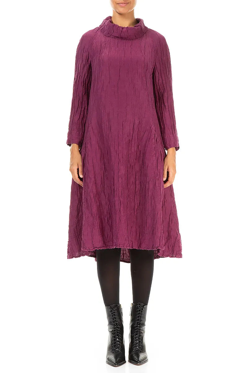 Cowl Neck Crinkled Magenta Silk Linen Dress 1