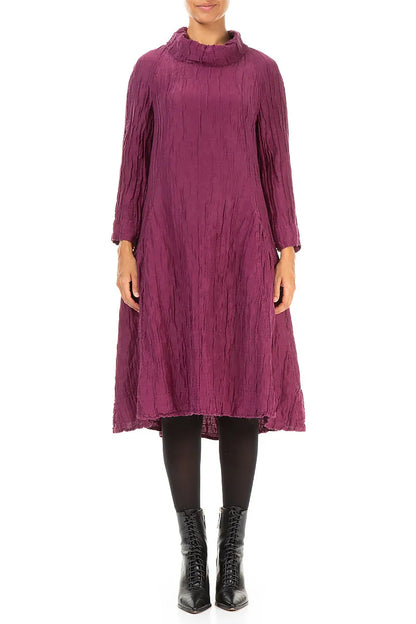 Cowl Neck Crinkled Magenta Silk Linen Dress 1