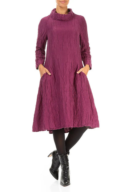 Cowl Neck Crinkled Magenta Silk Linen Dress 4