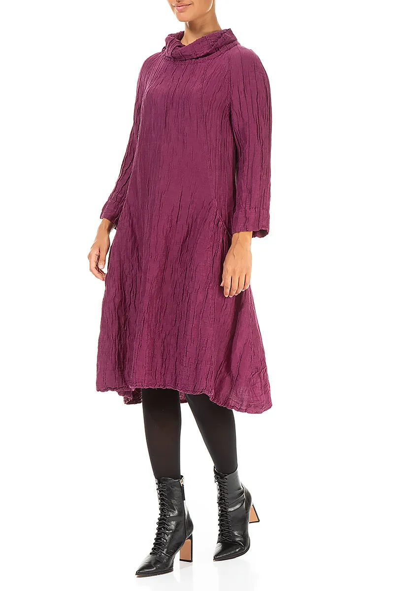 Cowl Neck Crinkled Magenta Silk Linen Dress 3
