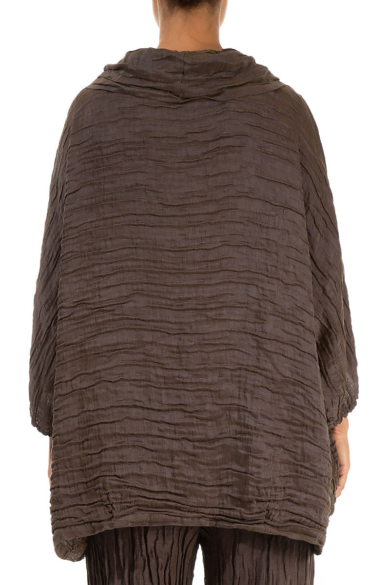 Cowl Neck Crinkled Mocha Silk Blouse