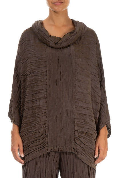 Cowl Neck Crinkled Mocha Silk Blouse