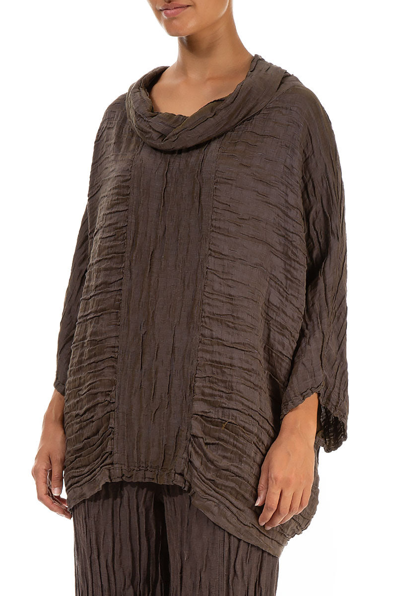 Cowl Neck Crinkled Mocha Silk Blouse