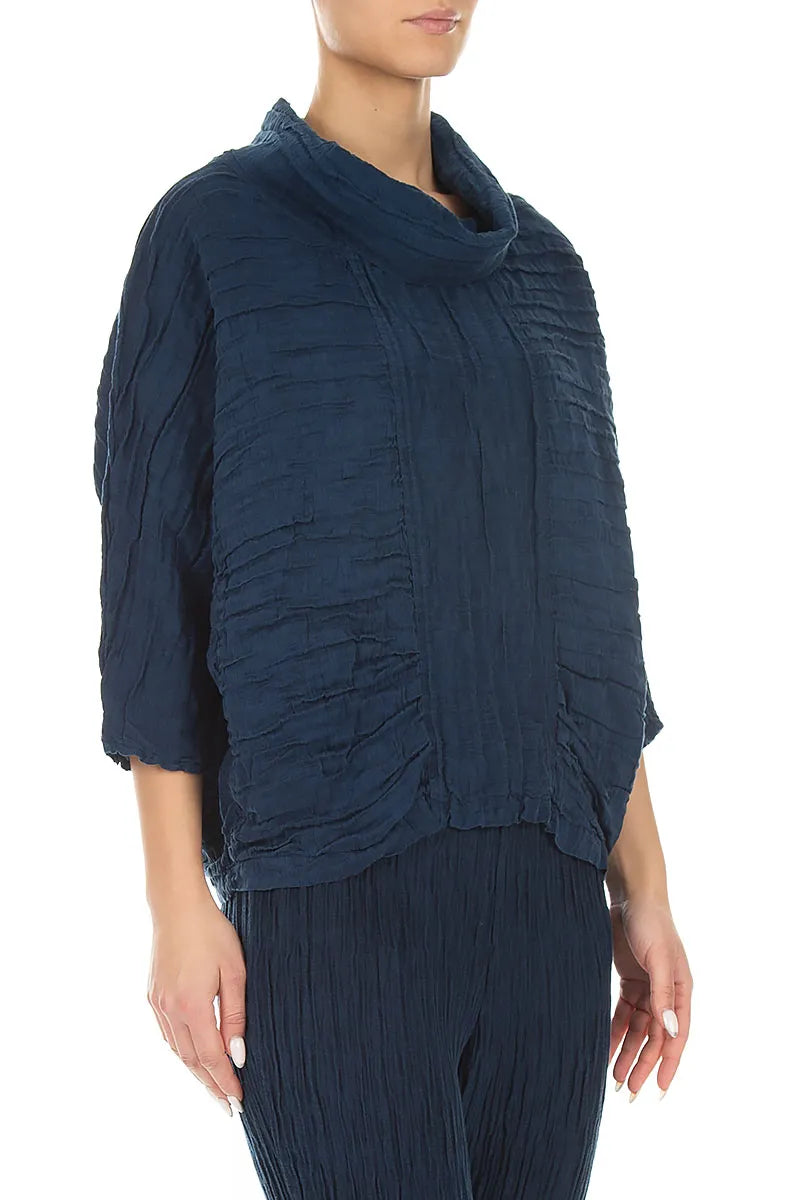 Cowl Neck Crinkled Navy Silk Linen Blouse 3