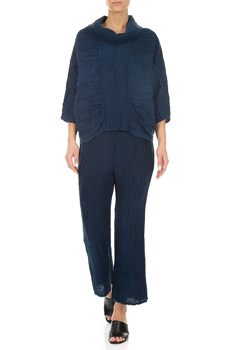 Cowl Neck Crinkled Navy Silk Linen Blouse 4