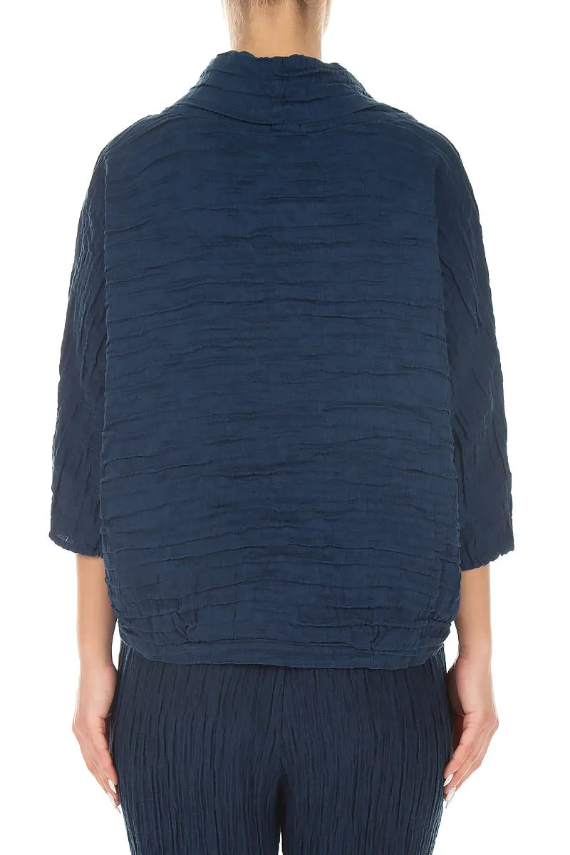 Cowl Neck Crinkled Navy Silk Linen Blouse 2