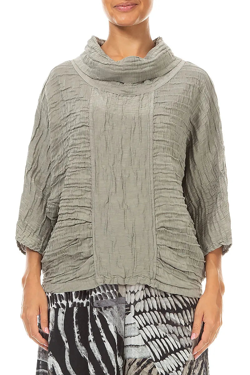 Cowl Neck Crinkled Olive Grey Silk Linen Blouse 1