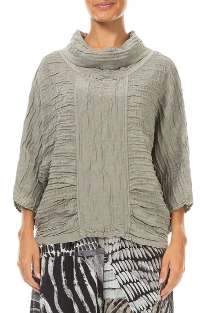 Cowl Neck Crinkled Olive Grey Silk Linen Blouse 1