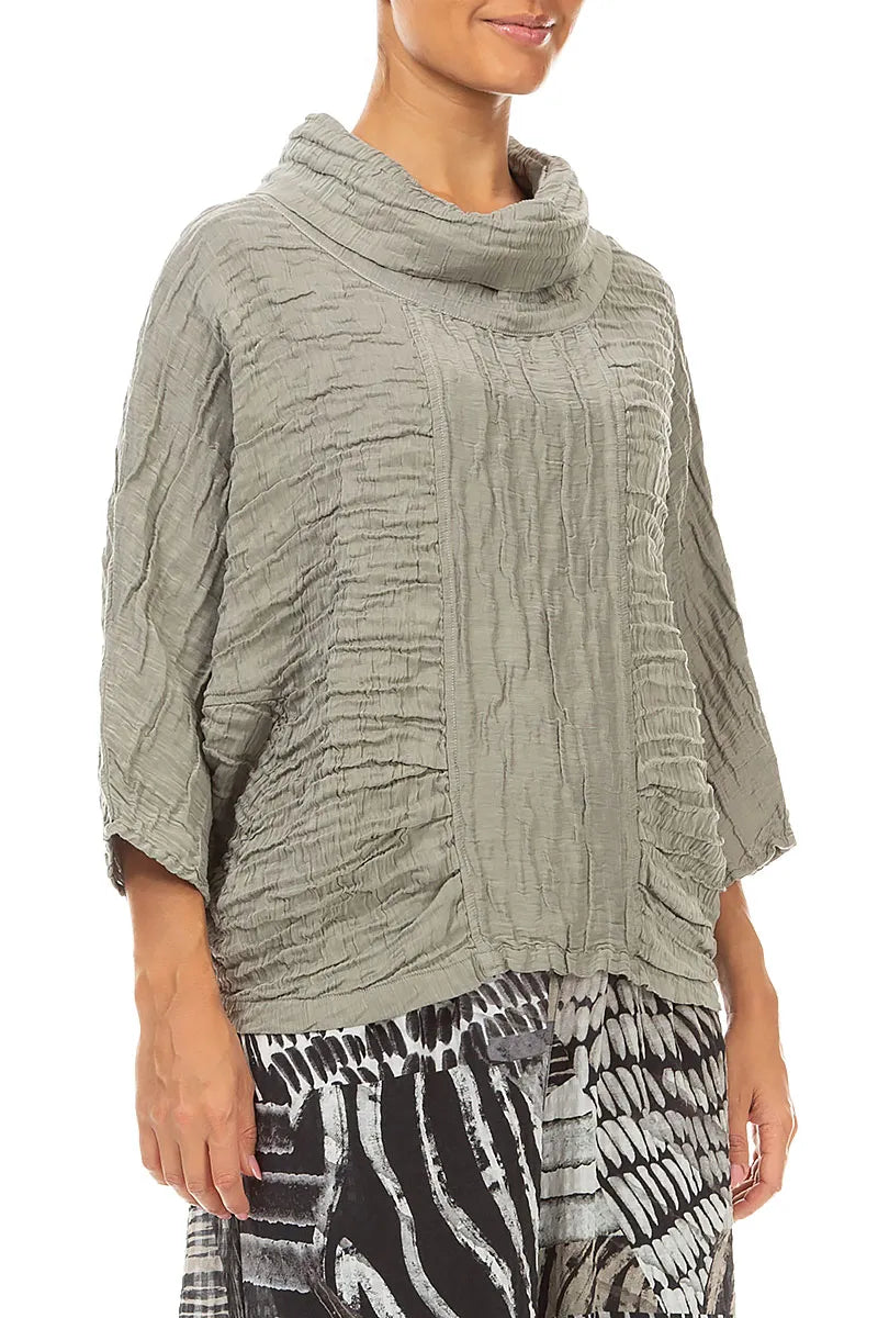 Cowl Neck Crinkled Olive Grey Silk Linen Blouse 3