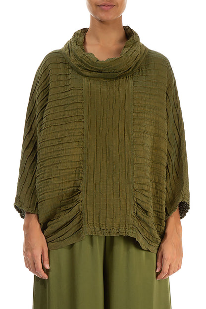 Cowl Neck Crinkled Olive Silk Blouse