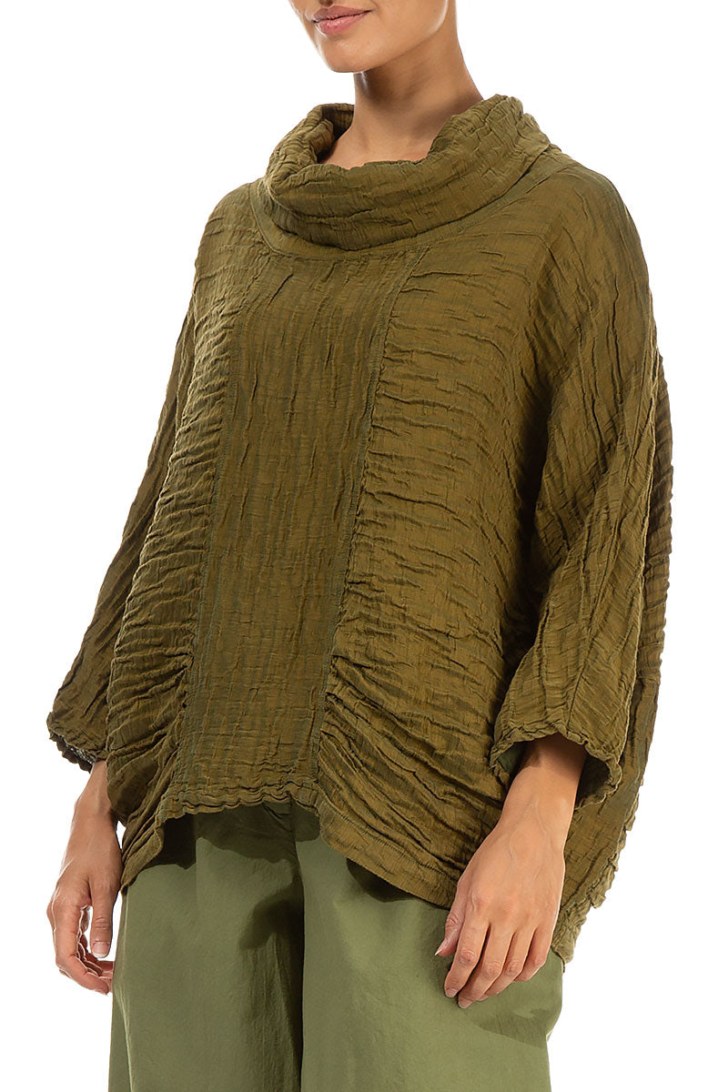 Cowl Neck Crinkled Olive Silk Blouse