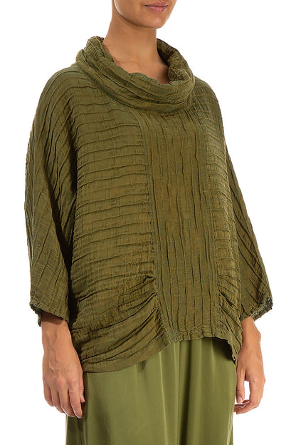 Cowl Neck Crinkled Olive Silk Blouse