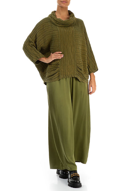 Cowl Neck Crinkled Olive Silk Blouse