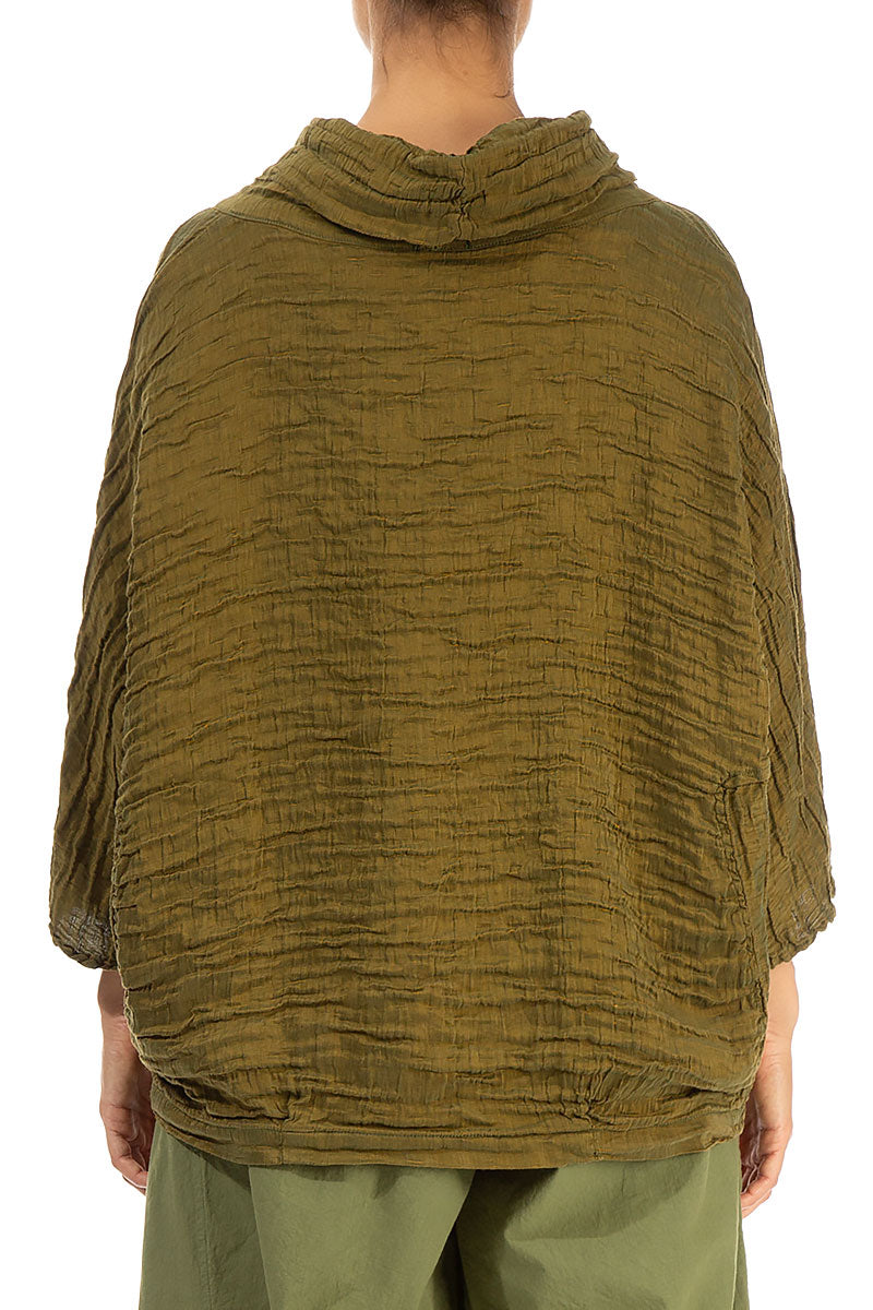 Cowl Neck Crinkled Olive Silk Blouse