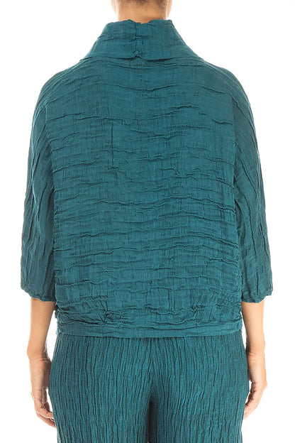 Cowl Neck Crinkled Peacock Silk Blouse 2