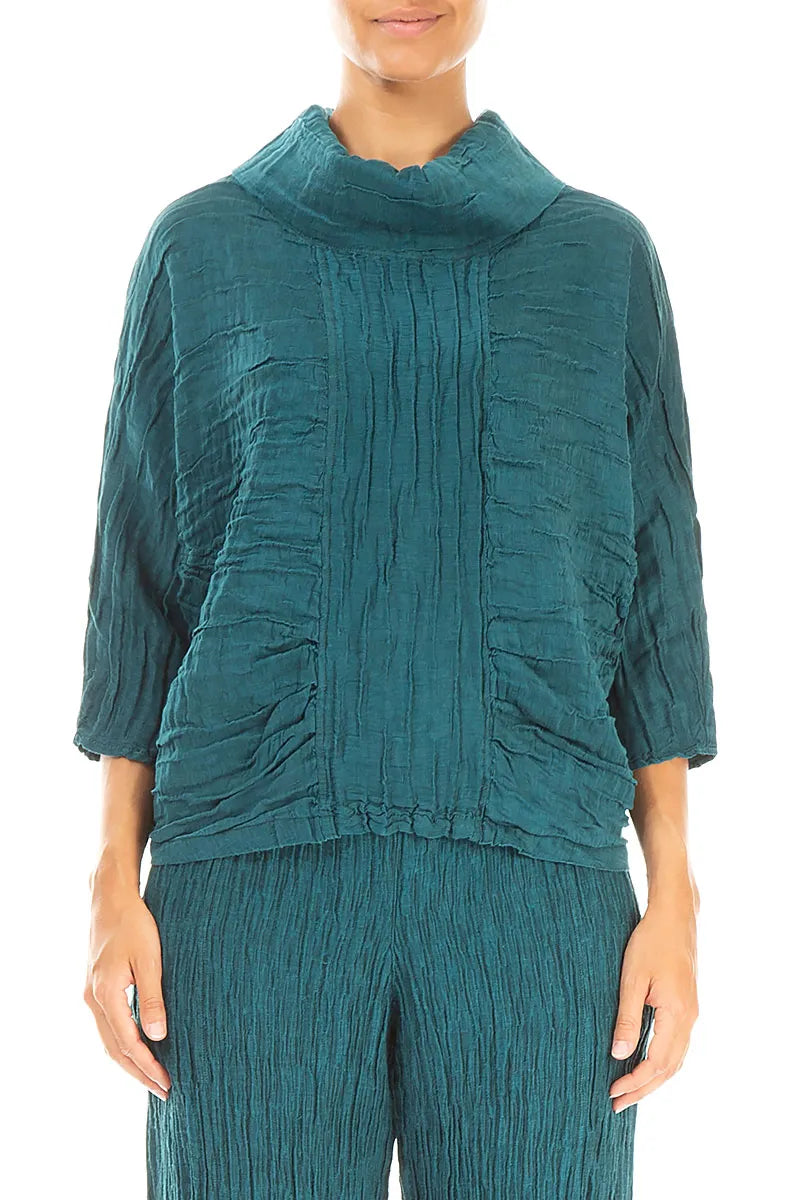 Cowl Neck Crinkled Peacock Silk Blouse 1
