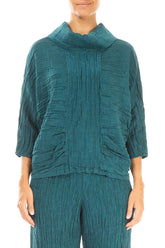 Cowl Neck Crinkled Peacock Silk Blouse 1