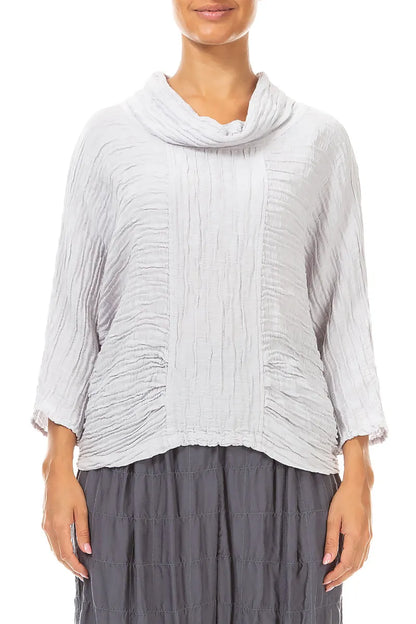 Cowl Neck Crinkled Pearl Grey Silk Linen Blouse 1