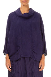 Cowl Neck Crinkled Royal Purple Waves Silk Linen Blouse 1
