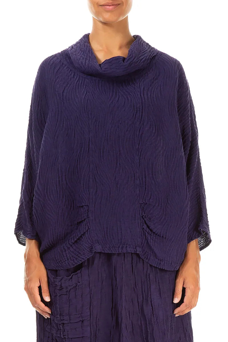 Cowl Neck Crinkled Royal Purple Waves Silk Linen Blouse 1