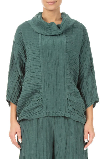 Cowl Neck Crinkled Sage Silk Blouse