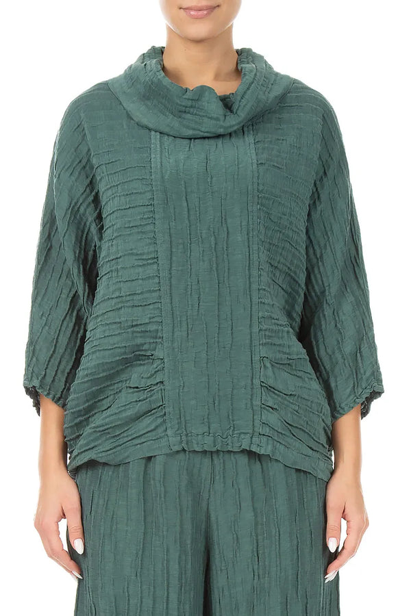 Cowl Neck Crinkled Sage Silk Linen Blouse 1