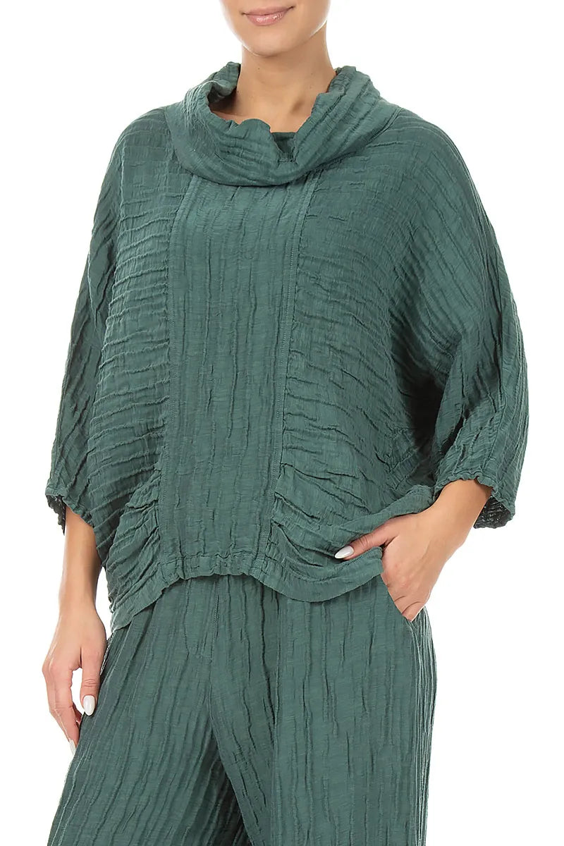 Cowl Neck Crinkled Sage Silk Blouse
