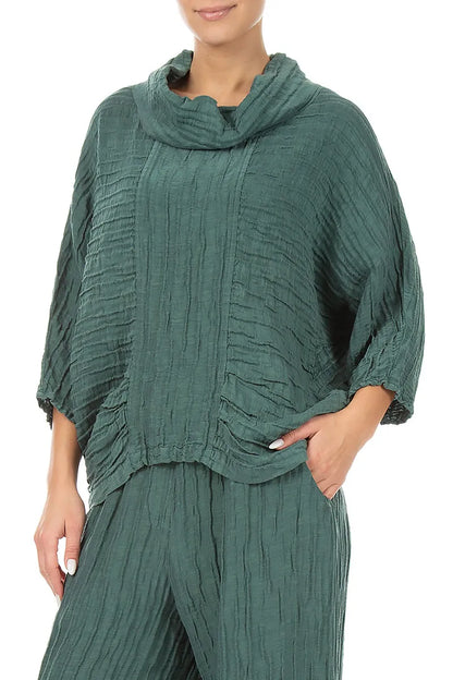 Cowl Neck Crinkled Sage Silk Blouse